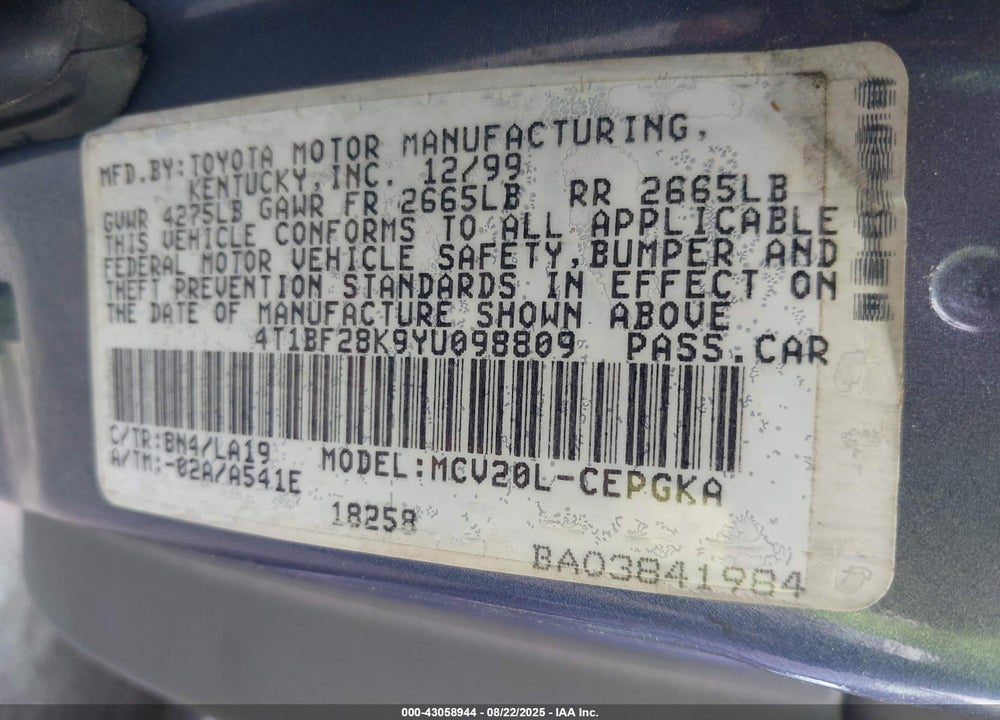 2000 TOYOTA CAMRY XLE V6 VIN: 4T1BF28K9YU098809
