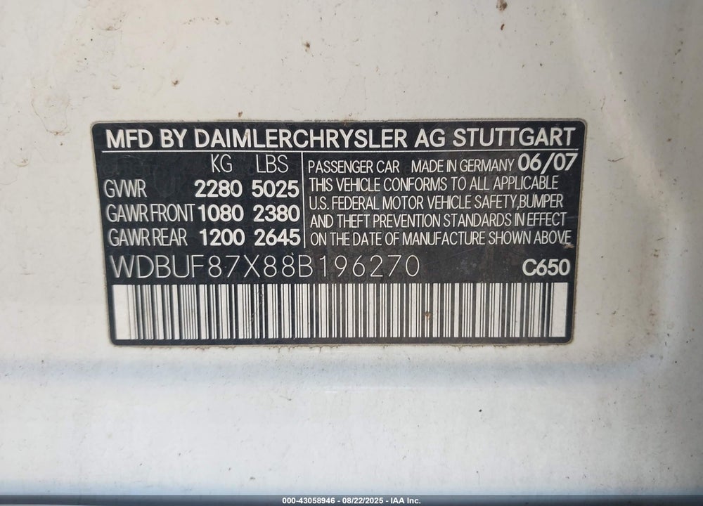2008 MERCEDES-BENZ E 350 VIN: WDBUF87X88B196270