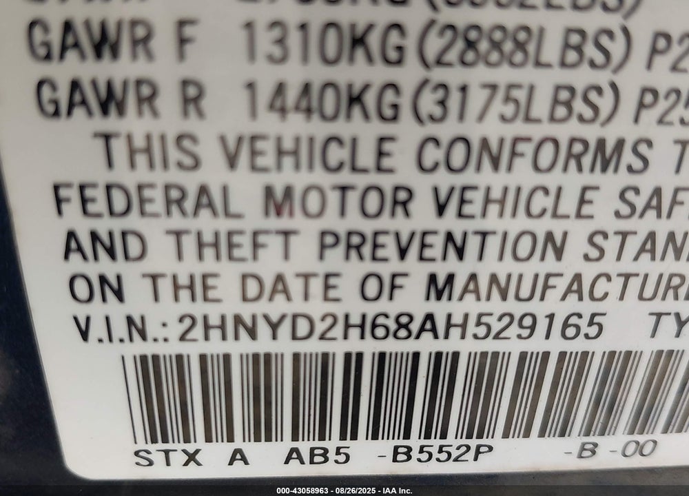 2010 ACURA MDX VIN: 2HNYD2H68AH529165