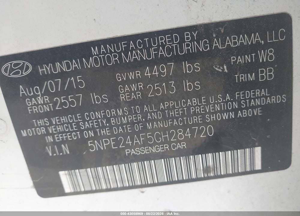2016 HYUNDAI SONATA SE VIN: 5NPE24AF5GH284720