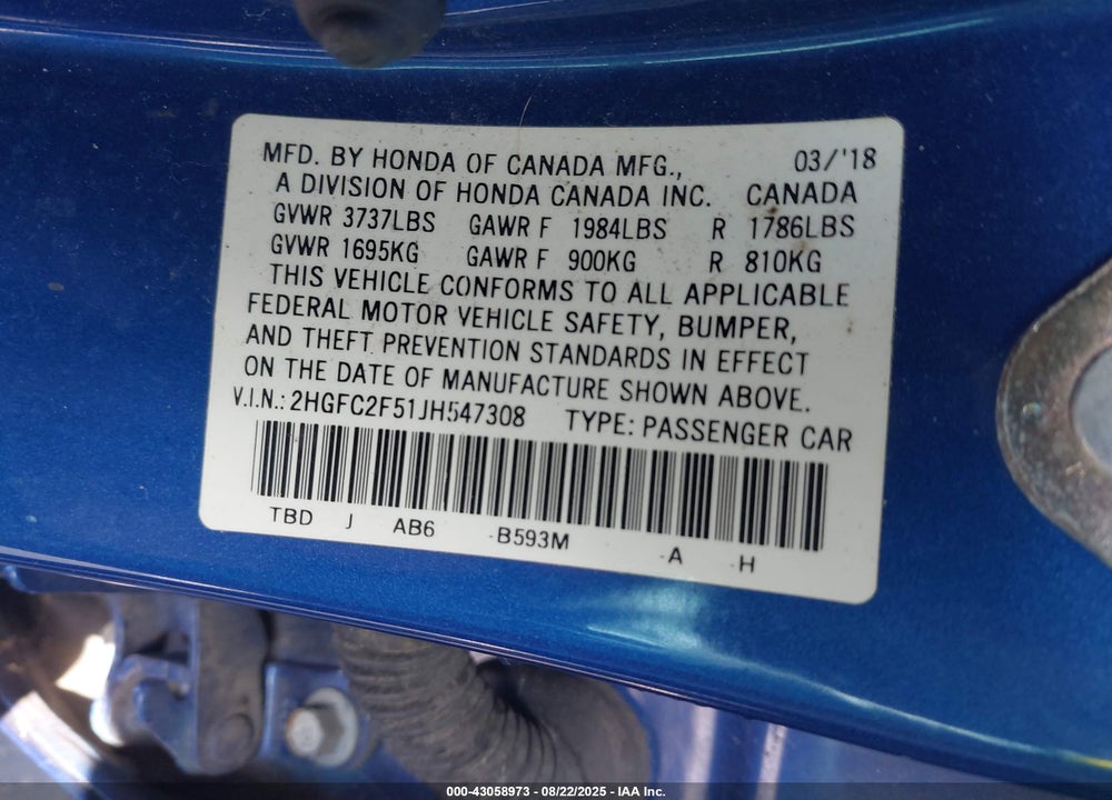 2018 HONDA CIVIC VIN: 2HGFC2F51JH547308