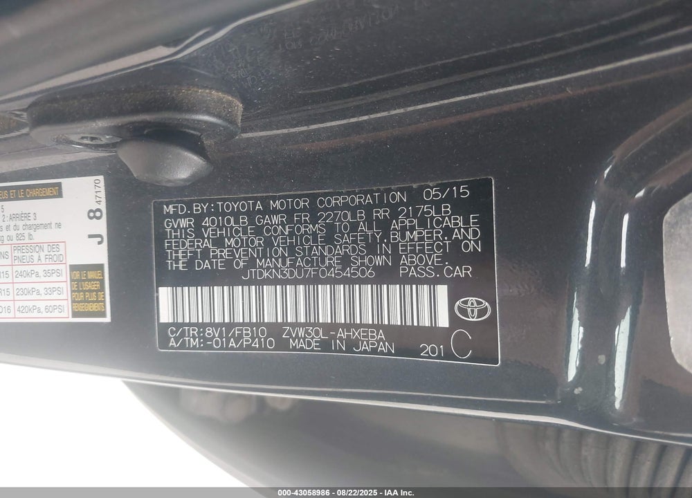 2015 TOYOTA PRIUS VIN: JTDKN3DU7F0454506
