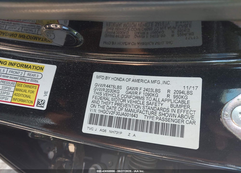 2018 HONDA ACCORD VIN: 1HGCV2F30JA001643