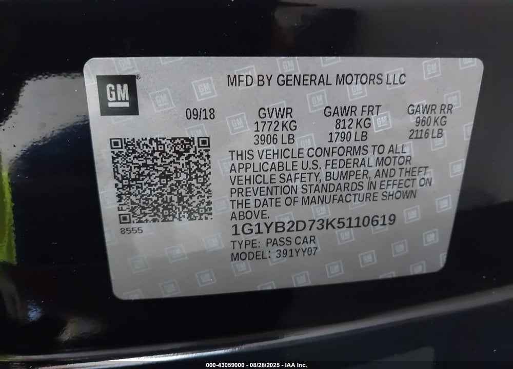 2019 CHEVROLET CORVETTE VIN: 1G1YB2D73K5110619