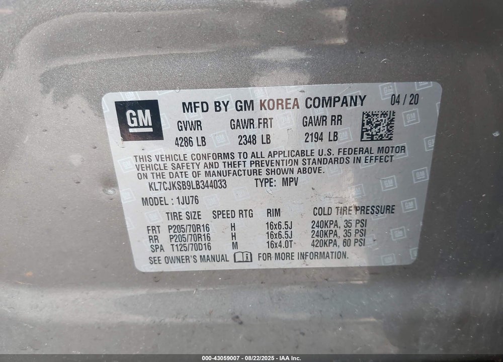 2020 CHEVROLET TRAX VIN: KL7CJKSB9LB344033