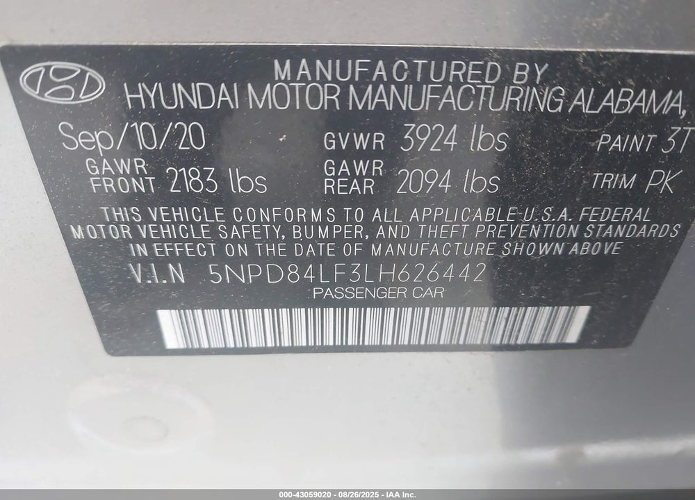 2020 HYUNDAI ELANTRA VIN: 5NPD84LF3LH626442