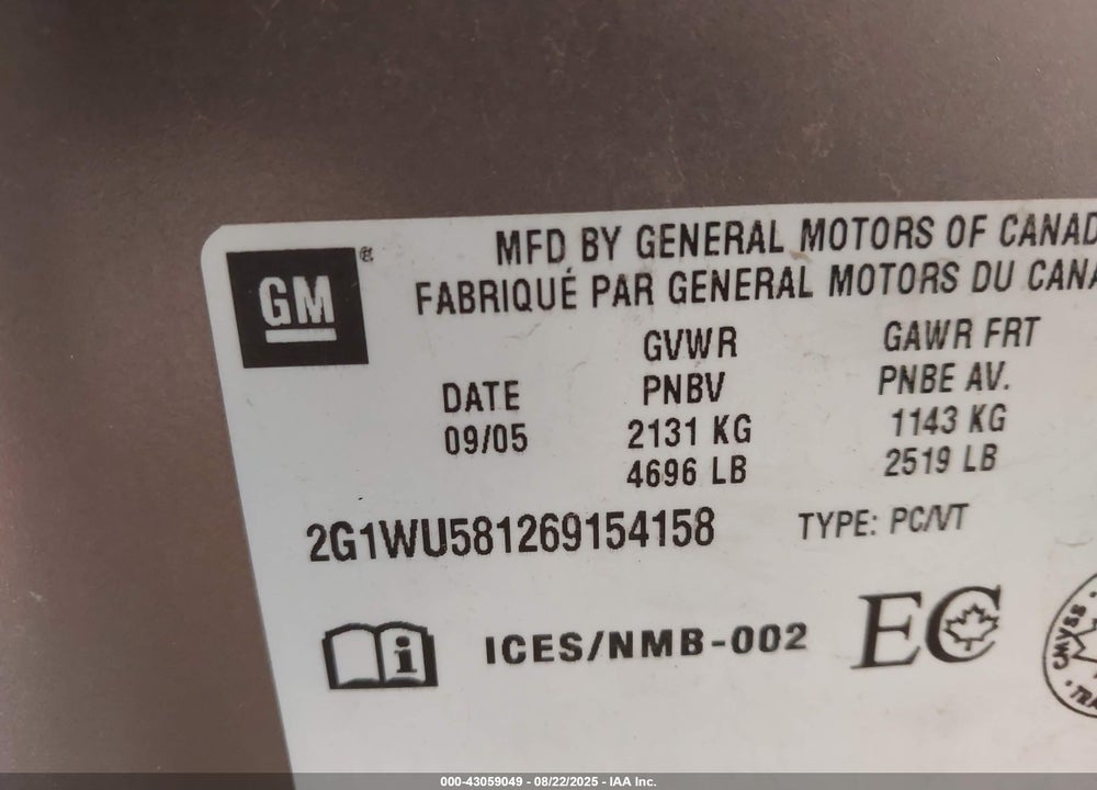 2006 CHEVROLET IMPALA VIN: 2G1WU581269154158
