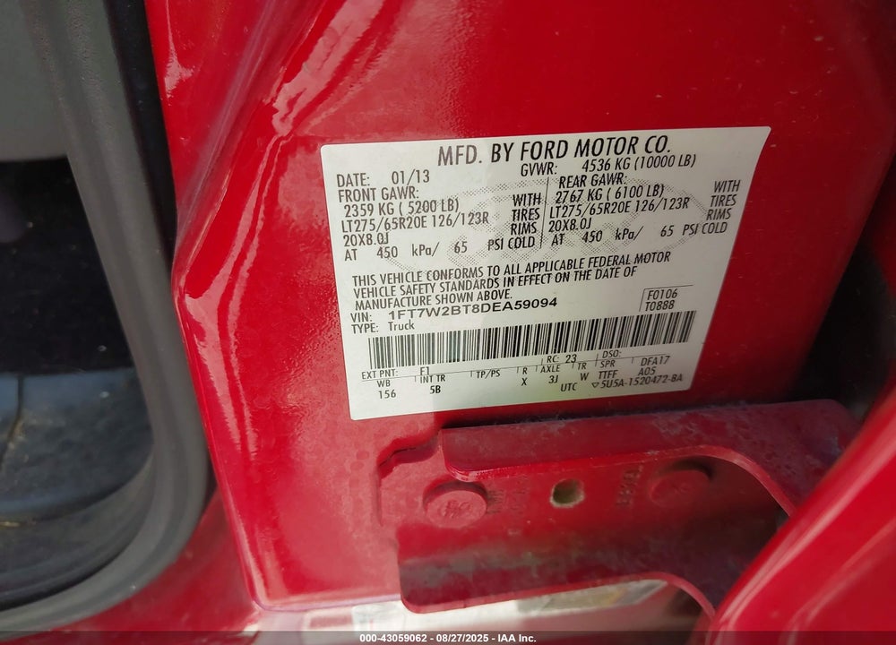 2013 FORD F-250 VIN: 1FT7W2BT8DEA59094