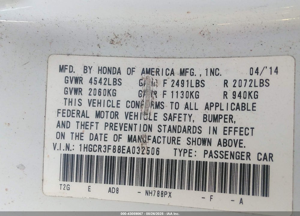 2014 HONDA ACCORD VIN: 1HGCR3F88EA032506