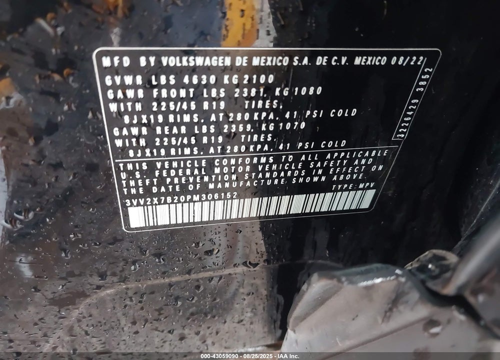 2023 VOLKSWAGEN TAOS VIN: 3VV2X7B20PM306152