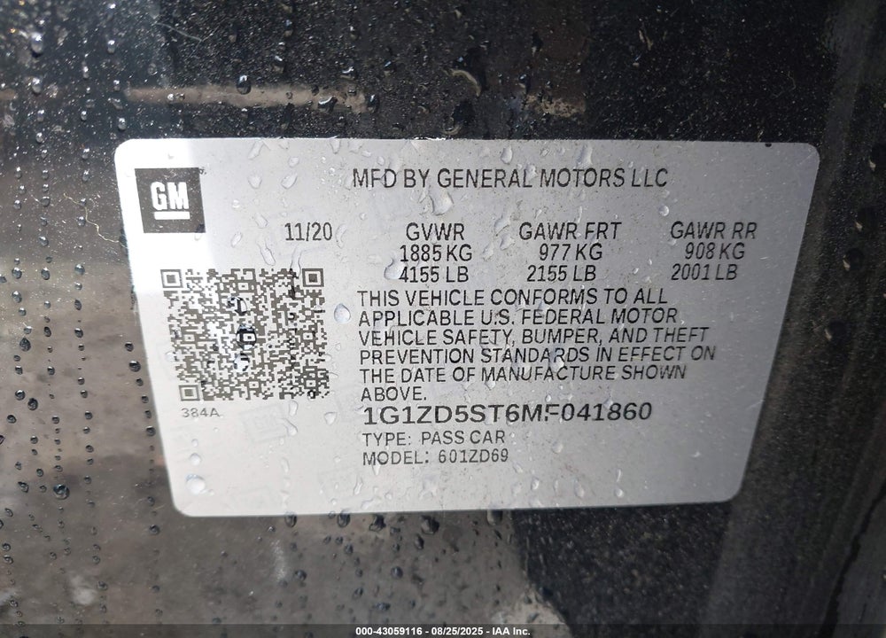 2021 CHEVROLET MALIBU VIN: 1G1ZD5ST6MF041860