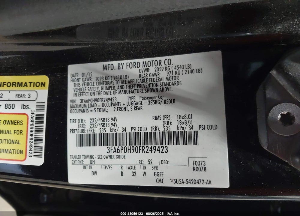 2015 FORD FUSION SE VIN: 3FA6P0H90FR249423