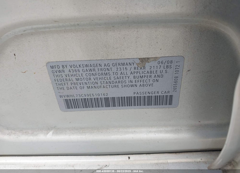 2009 VOLKSWAGEN CC VIN: WVWHL73C99E510162