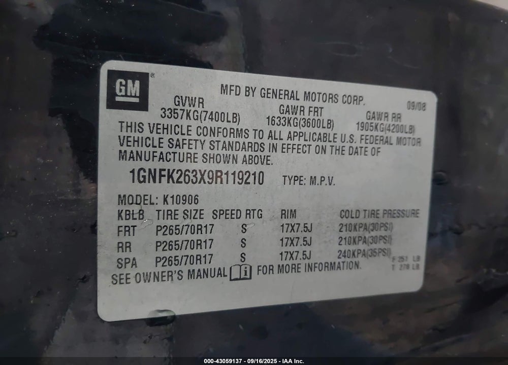2009 CHEVROLET SUBURBAN 1500 LT2 VIN: 1GNFK263X9R119210
