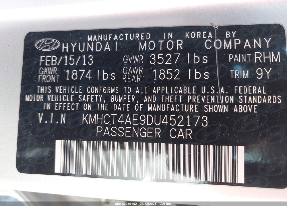 2013 HYUNDAI ACCENT VIN: KMHCT4AE9DU452173