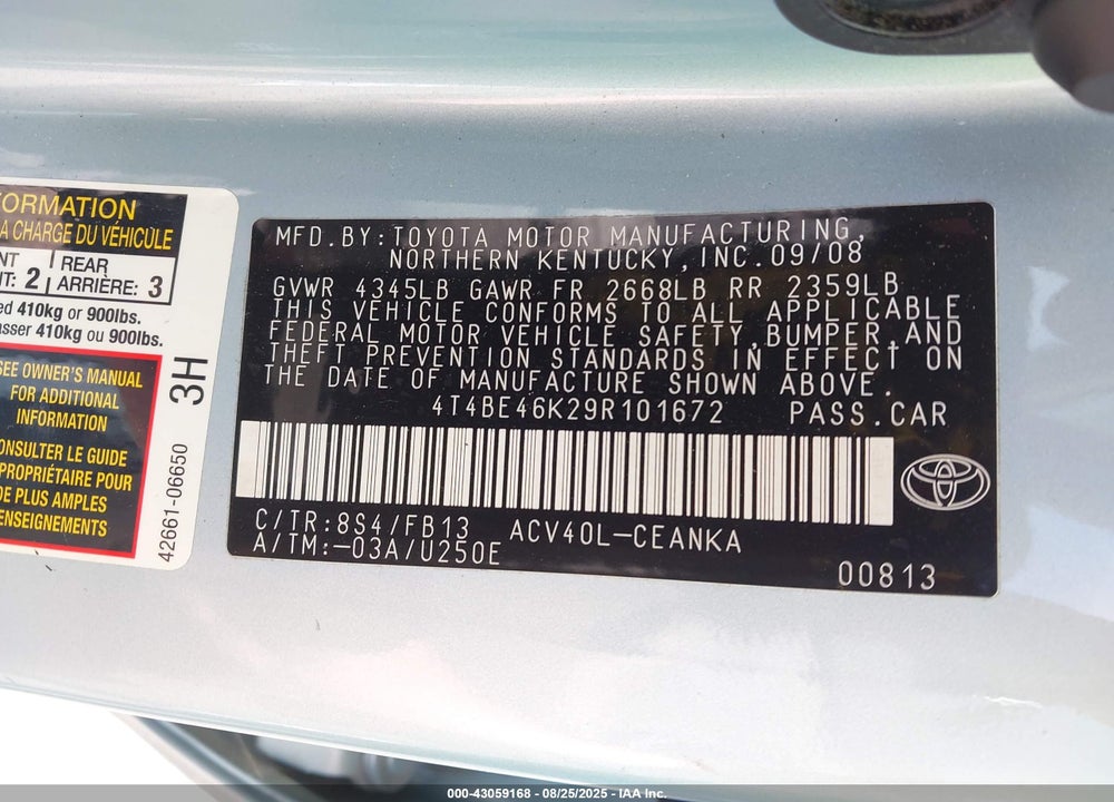 2009 TOYOTA CAMRY VIN: 4T4BE46K29R101672