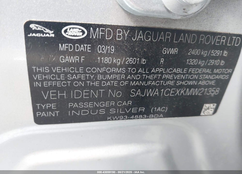 2019 JAGUAR XJ SERIES VIN: SAJWA1CEXKMW21358