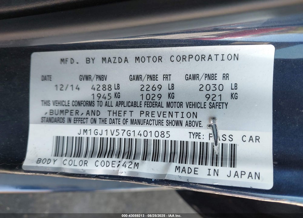 2016 MAZDA 6 I TOURING VIN: JM1GJ1V57G1401085