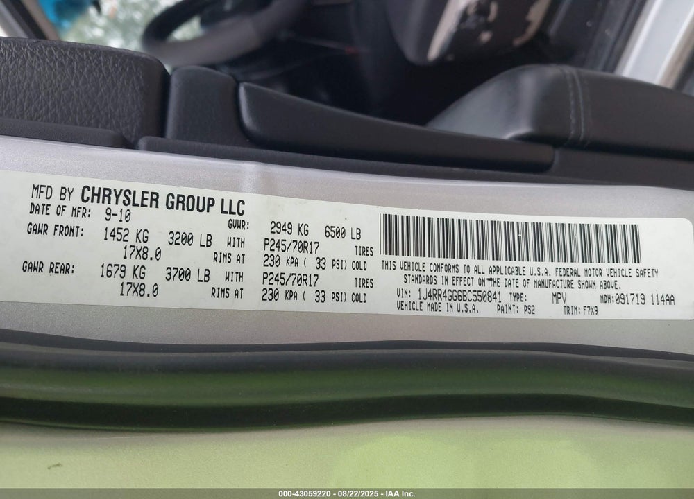 2011 JEEP GRAND CHEROKEE VIN: 1J4RR4GG6BC550841