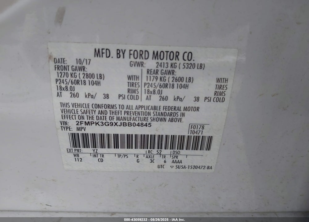 2018 FORD EDGE SE VIN: 2FMPK3G9XJBB04845