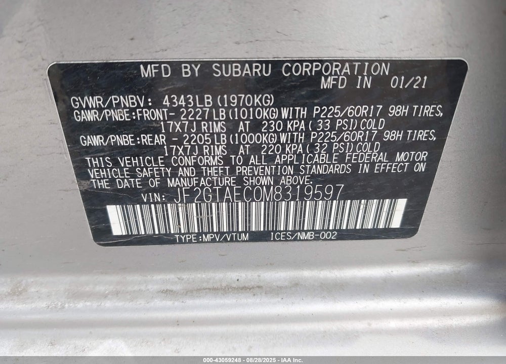 2021 SUBARU CROSSTREK PREMIUM VIN: JF2GTAEC0M8319597
