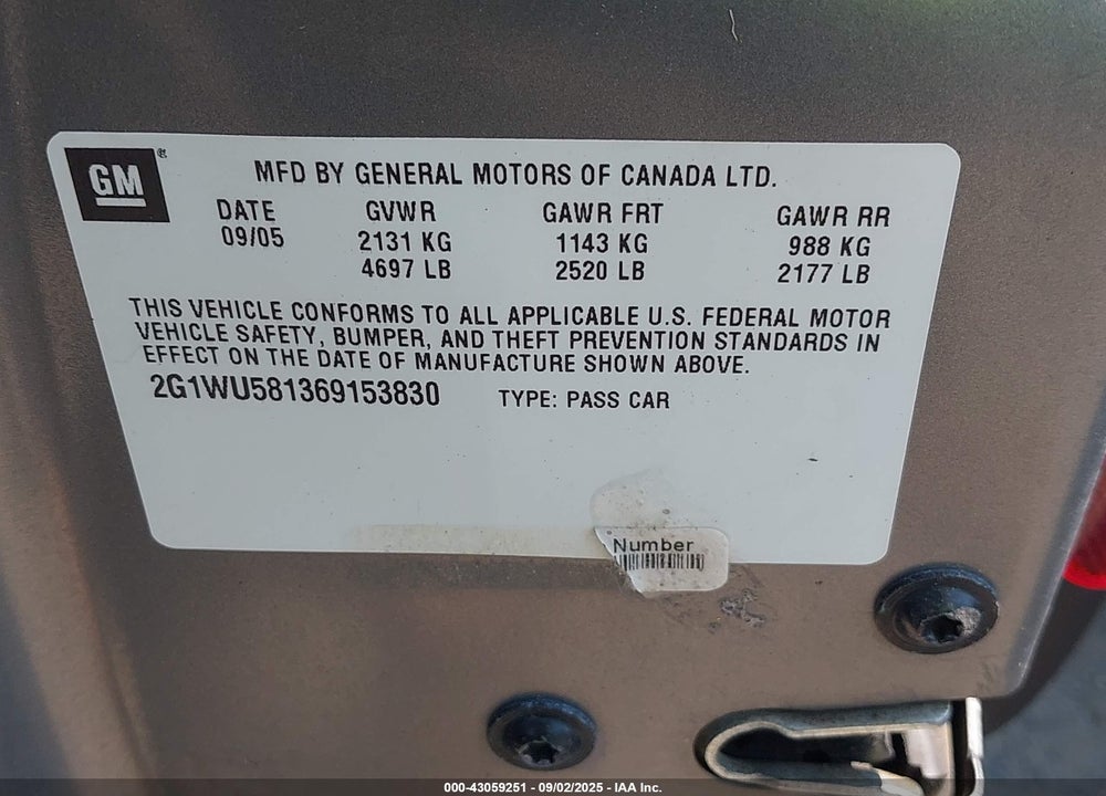 2006 CHEVROLET IMPALA LTZ VIN: 2G1WU581369153830