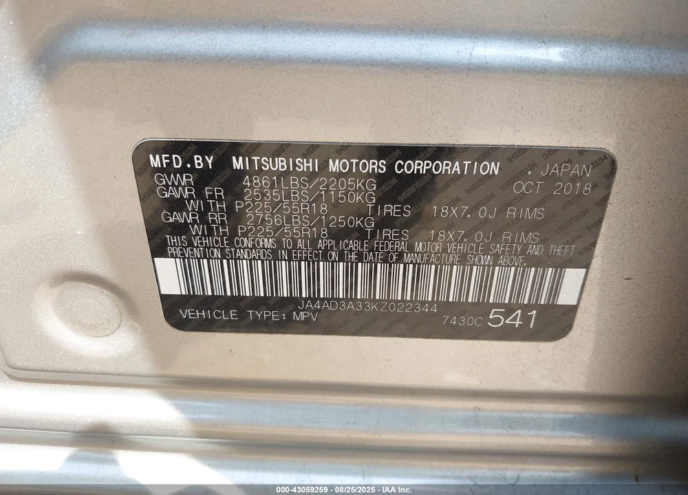 2019 MITSUBISHI OUTLANDER VIN: JA4AD3A33KZ022344
