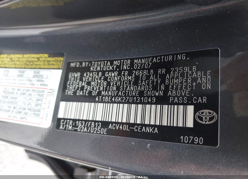 2007 TOYOTA CAMRY LE VIN: 4T1BE46K27U131049