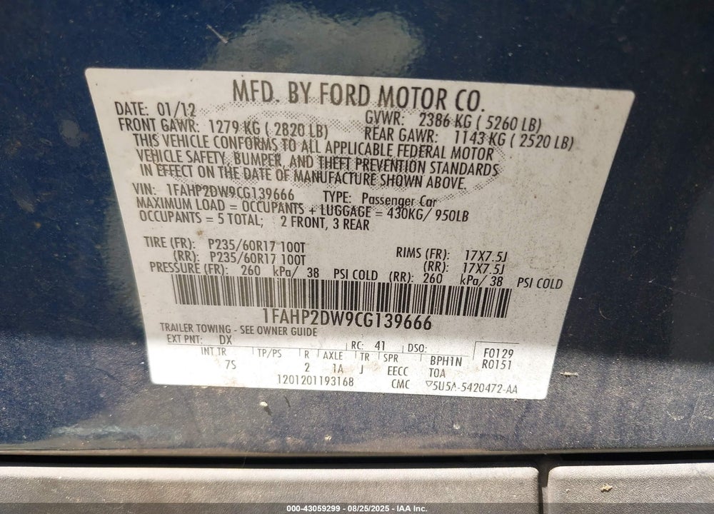 2012 FORD TAURUS VIN: 1FAHP2DW9CG139666