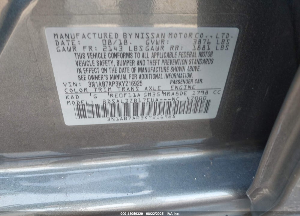 2019 NISSAN SENTRA VIN: 3N1AB7AP3KY216925