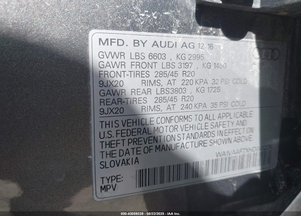 2017 AUDI Q7 3.0T PREMIUM VIN: WA1VAAF7XHD041229