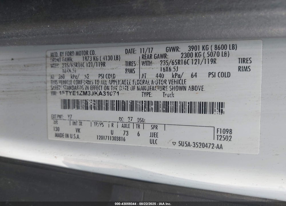 2018 FORD TRANSIT-150 VIN: 1FTYE1ZM3JKA31071