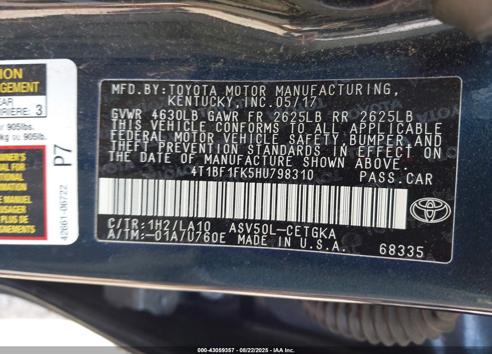 2017 TOYOTA CAMRY VIN: 4T1BF1FK5HU798310
