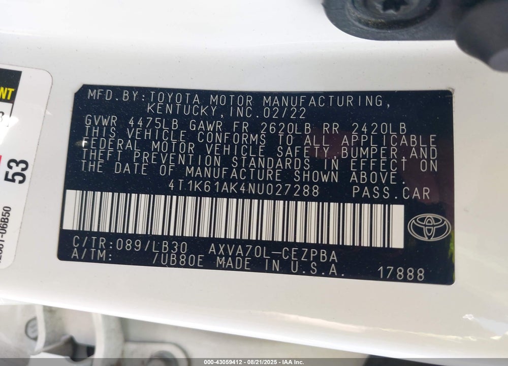 2022 TOYOTA CAMRY VIN: 4T1K61AK4NU027288