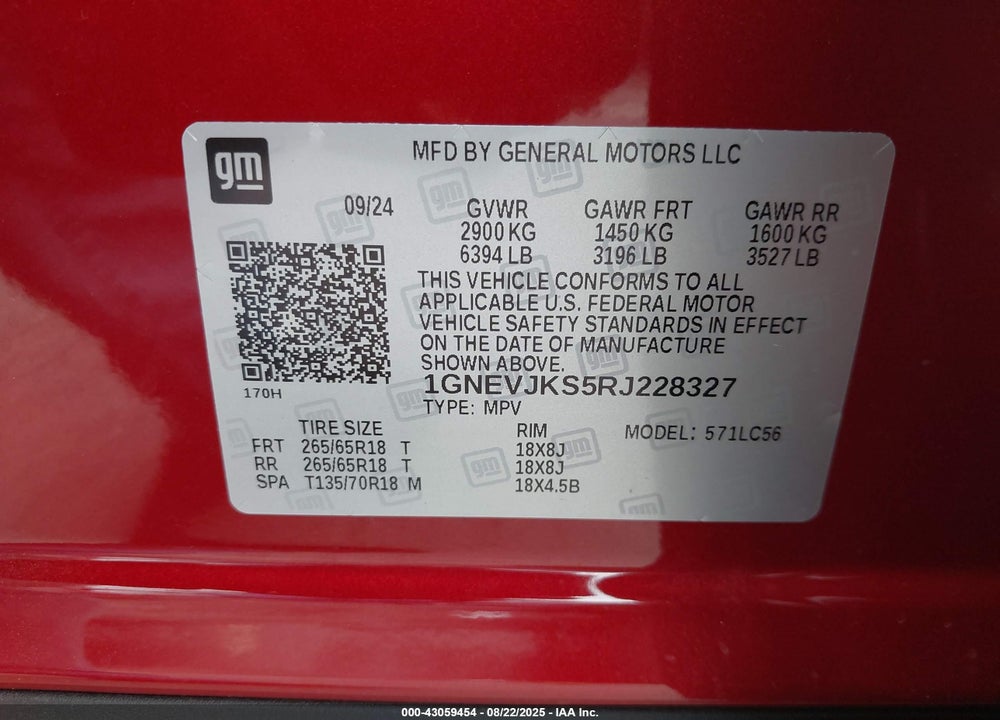 2024 CHEVROLET TRAVERSE AWD Z71 VIN: 1GNEVJKS5RJ228327