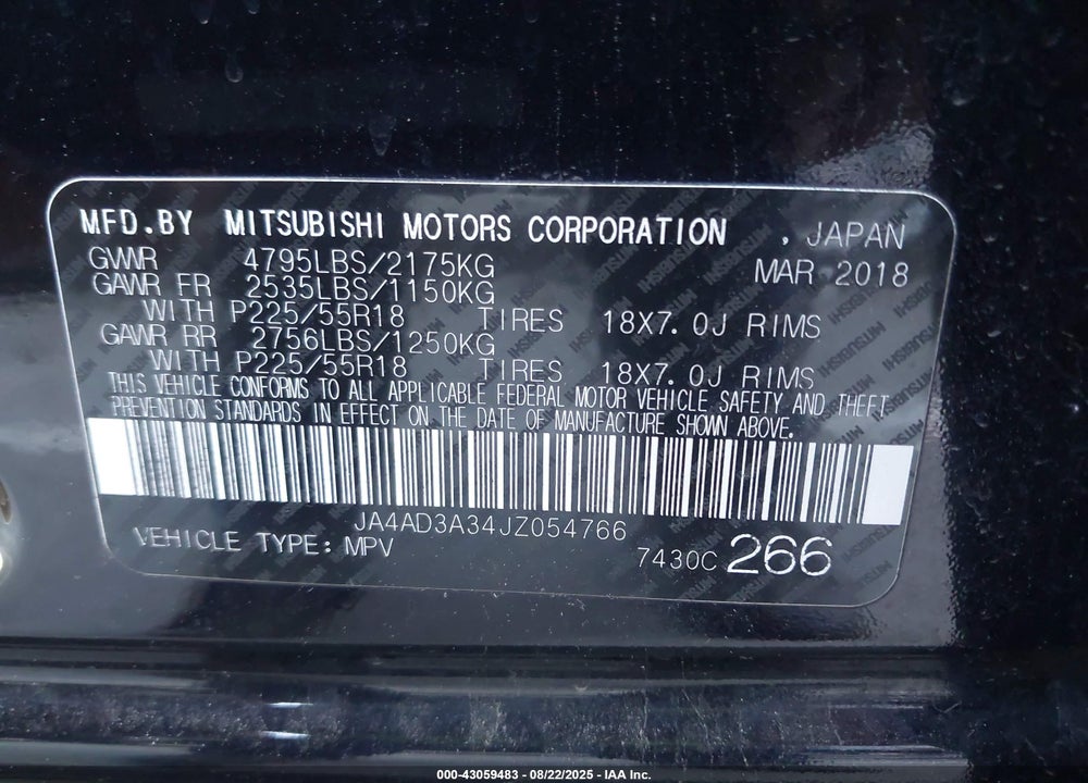 2018 MITSUBISHI OUTLANDER VIN: JA4AD3A34JZ054766