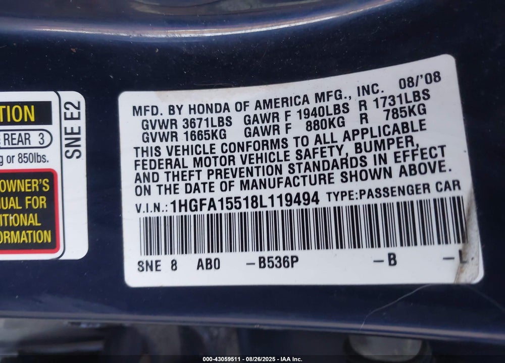 2008 HONDA CIVIC LX VIN: 1HGFA15518L119494