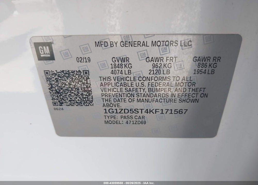 2019 CHEVROLET MALIBU VIN: 1G1ZD5ST4KF171567