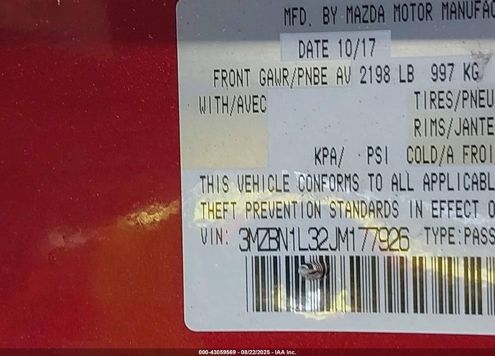 2018 MAZDA 3 VIN: 3MZBN1L32JM177926