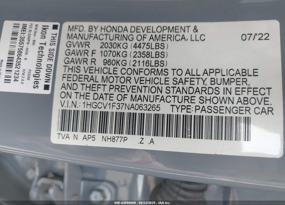2022 HONDA ACCORD VIN: 1HGCV1F37NA063265