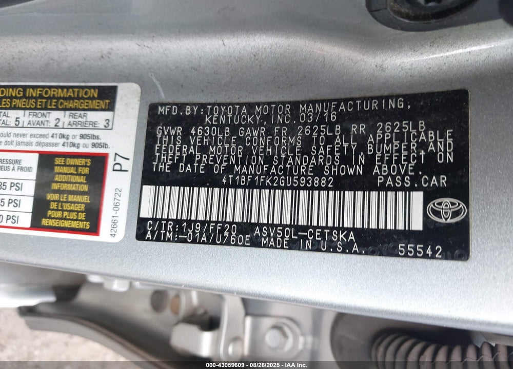 2016 TOYOTA CAMRY VIN: 4T1BF1FK2GU593882