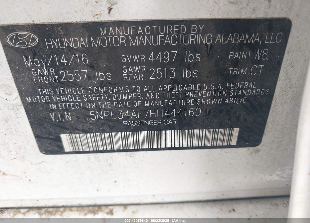 2017 HYUNDAI SONATA VIN: 5NPE34AF7HH444160