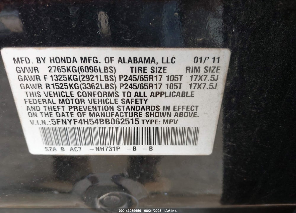 2011 HONDA PILOT EX-L VIN: 5FNYF4H54BB062515