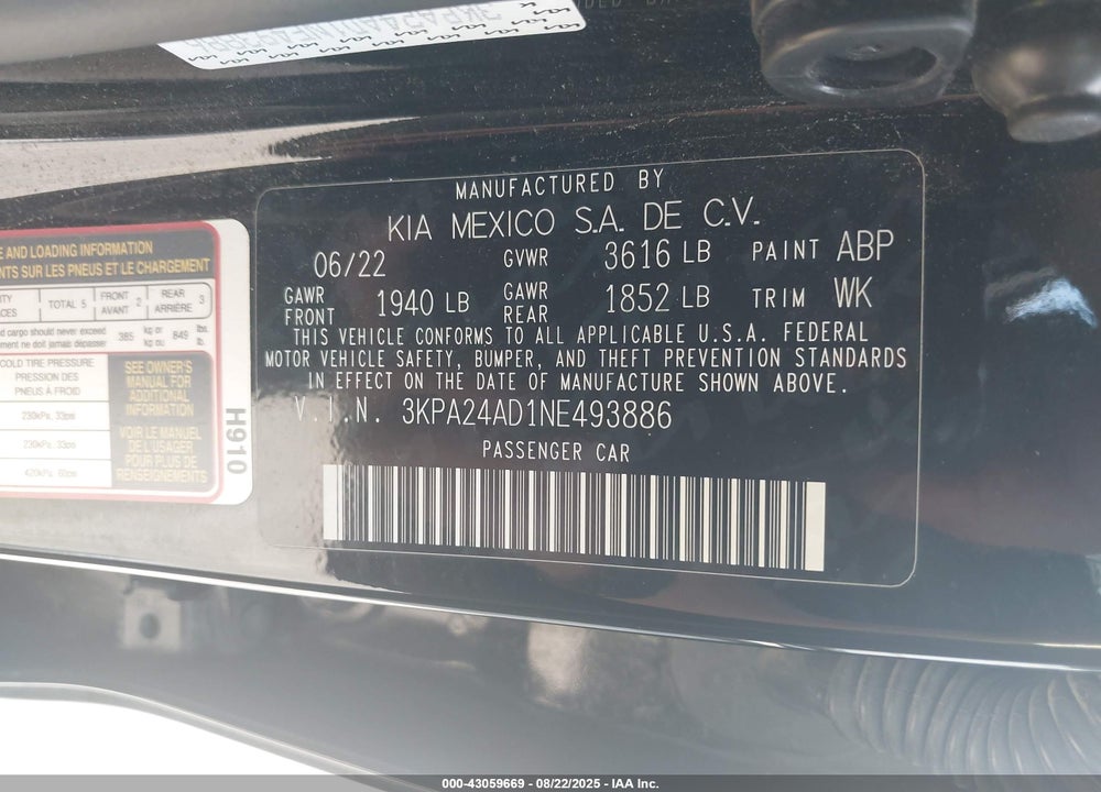 2022 KIA RIO VIN: 3KPA24AD1NE493886