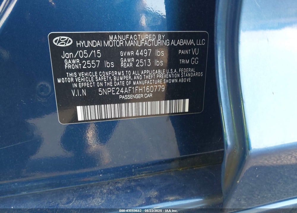 2015 HYUNDAI SONATA VIN: 5NPE24AF1FH160779
