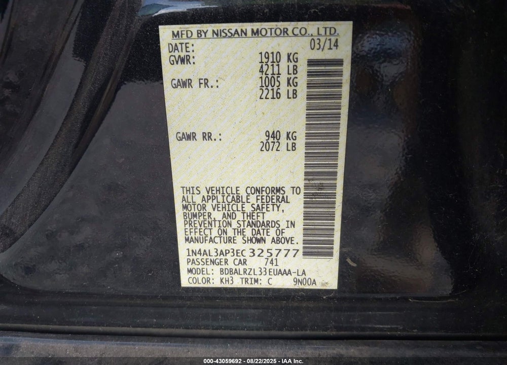 2014 NISSAN ALTIMA 2.5 S VIN: 1N4AL3AP3EC325777