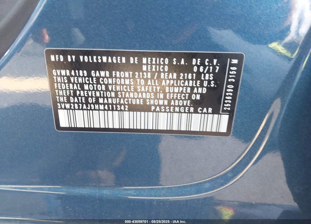 2017 VOLKSWAGEN JETTA VIN: 3VW2B7AJ9HM411342