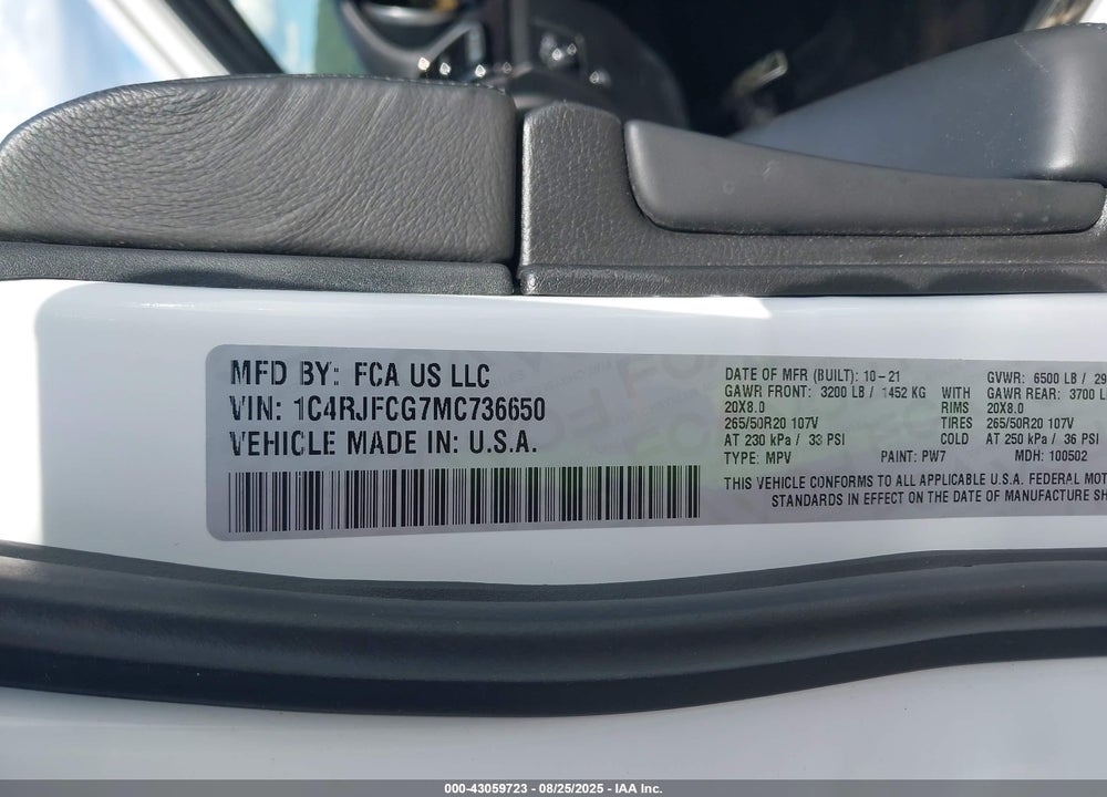 2021 JEEP GRAND CHEROKEE HIGH ALTITUDE 4X4 VIN: 1C4RJFCG7MC736650
