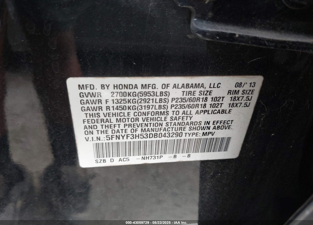 2013 HONDA PILOT VIN: 5FNYF3H53DB043290