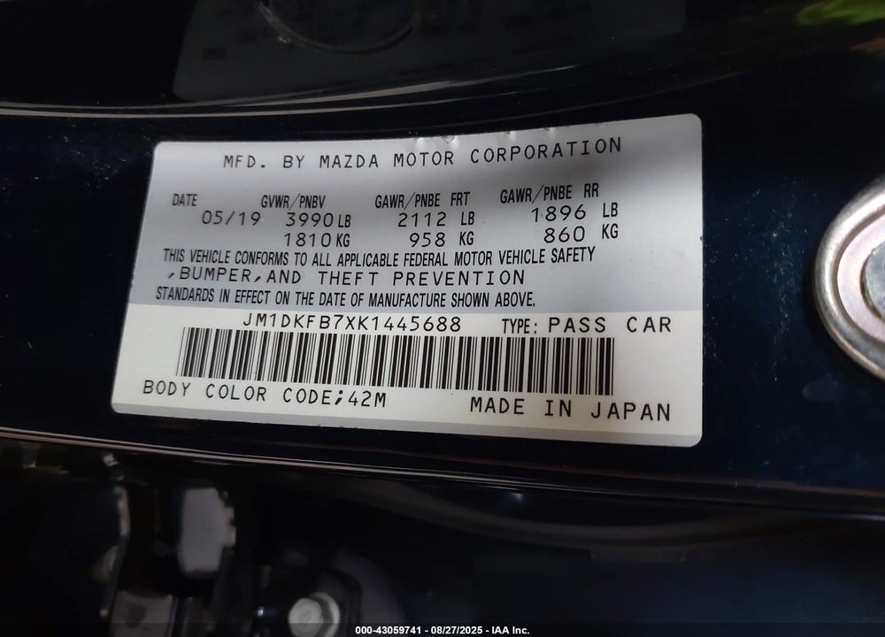 2019 MAZDA CX-3 VIN: JM1DKFB7XK1445688